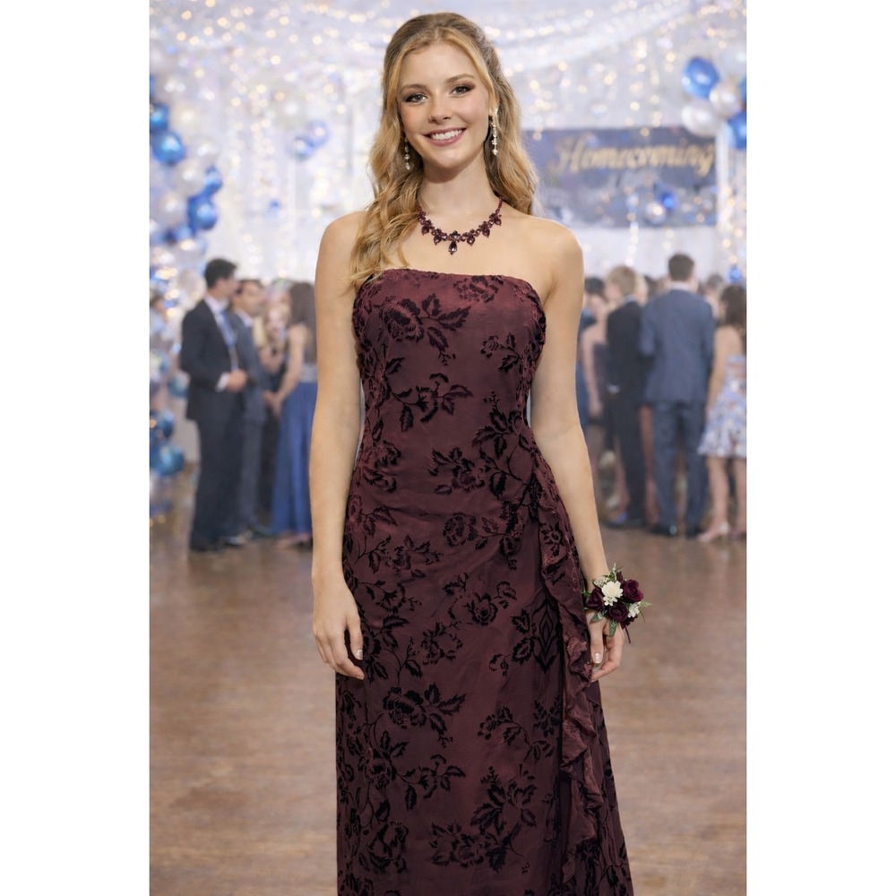 Vtg New Maroon‎ Strapless Velvet Burnout Maxi Dress M Fairy Whimsigoth Y2K HOCO